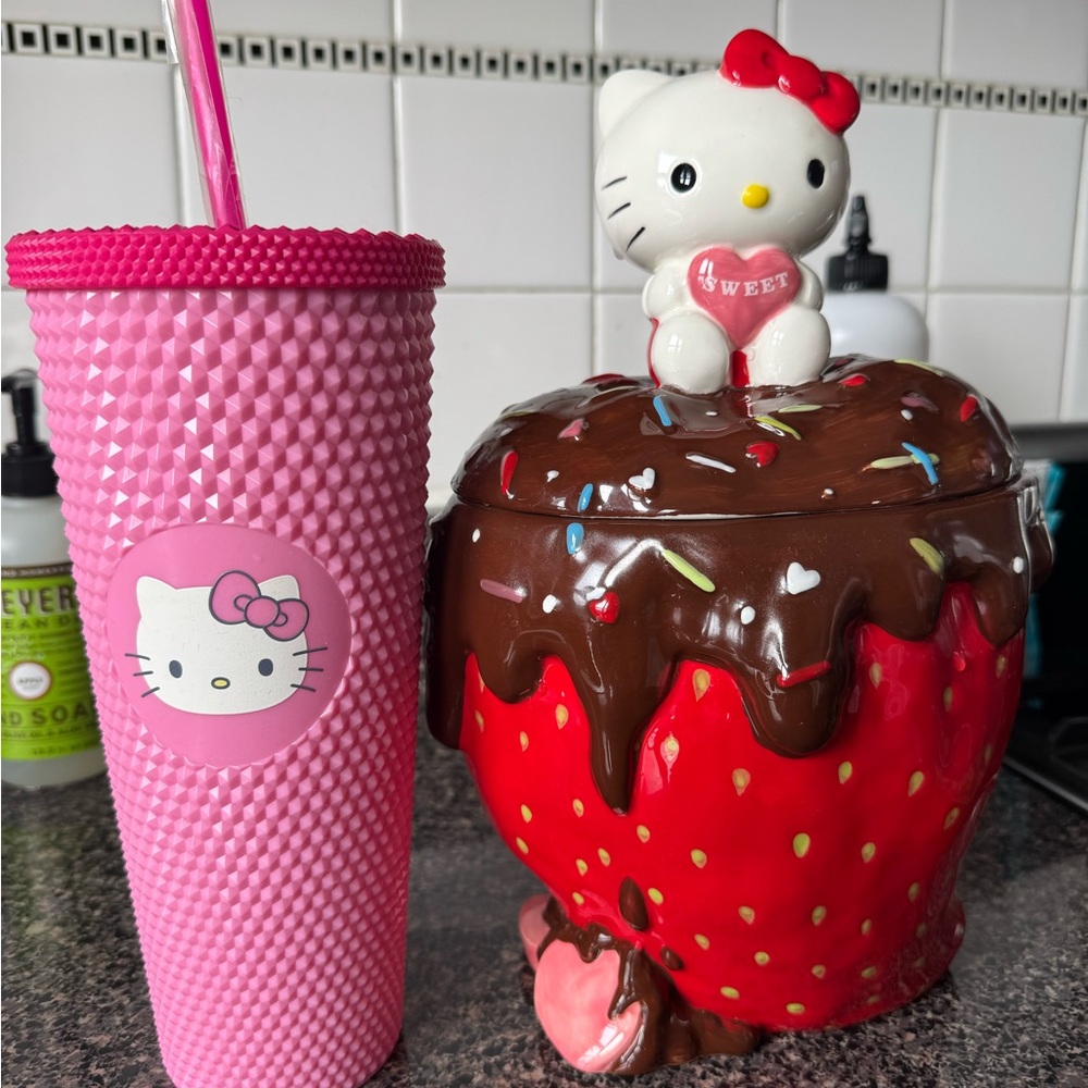 Hello Kitty Pink Tumbler and Red Strawberry Jar